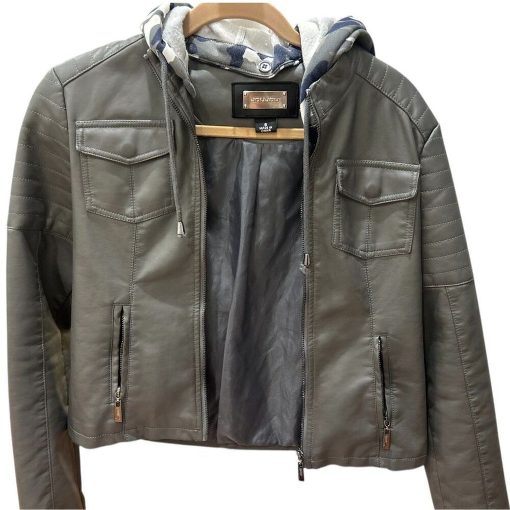 Jou Jou Long Sleeve Full Zip up Hooded Moto Jacket Gray Camo Size Small